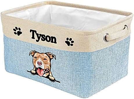 Custom Fabric Dog Toy Storage Basket with Funny Dog Pit Bull Collapsible Sturdy Fabric Pet Toys Storage Bin Cube with Handles for Organizing, Blue amd White