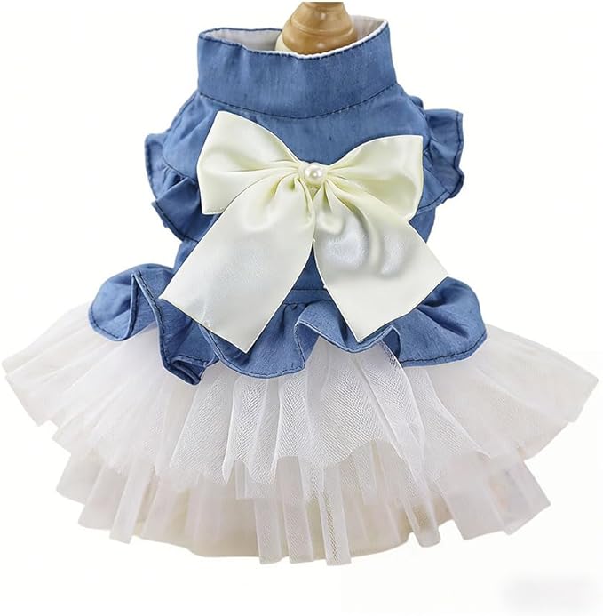 Dog Cat Denim Tutu Dress, Princess Puppy Kitten Outfit with Pearl Bow & Stand-Up Collar, Sleeveless Pet Clothes for Wedding Birthday Party, Easy Front Snap Closure for Chihuahua (White-Denim, Medium)