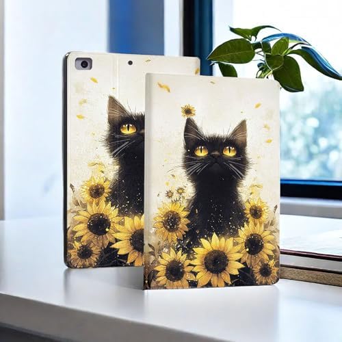 for Microsoft Surface Go 4/3/2/1-10.5" 2021 Tablet Case,Auto Wake/Sleep,Adjustable Stand Protective Cover - Black Cat Sunflower