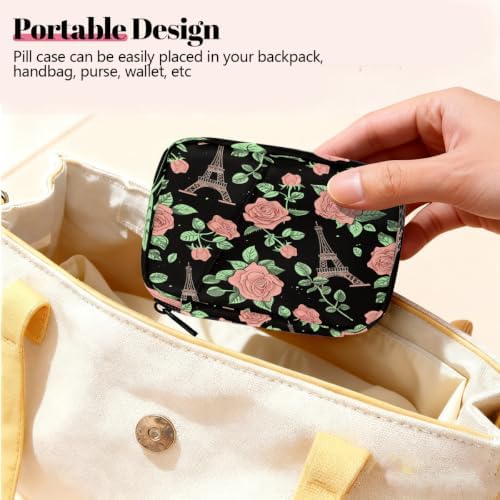 Travel Pill Organizer Pink Rose Eiffel Tower Pattern Small Pill Case