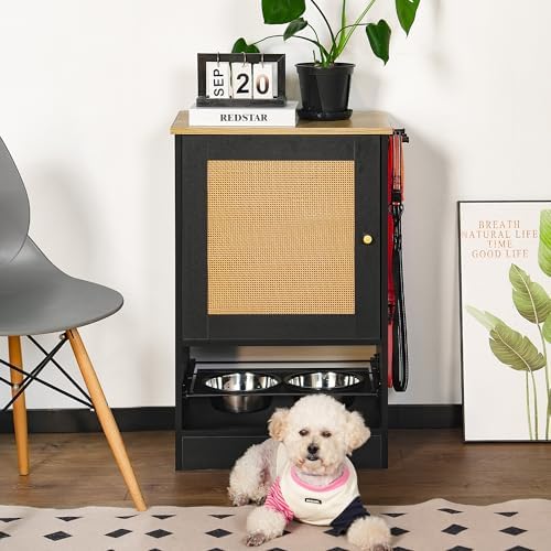 Pet Feeding Station with Storage Cabinet, Elevated Dog Bowls, Pull Out Hidden Feeder, Side Hooks, Anti Tip Kit, Removable Stainless Steel Dishes, Organizer Furniture for Food Water Supplies