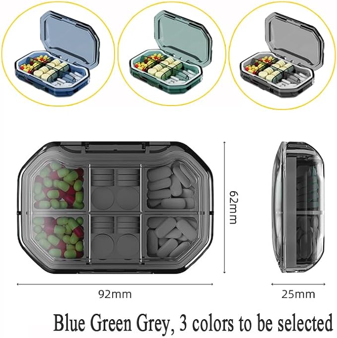 Daily Travel Pill Case Organizer, 6 Compartment Portable Pill Box | Small Medicine Reminder Dispenser Planner Holder for Vitamin, Fish Oil, Supplement, Cod Liver Oil, Portable Container, Green