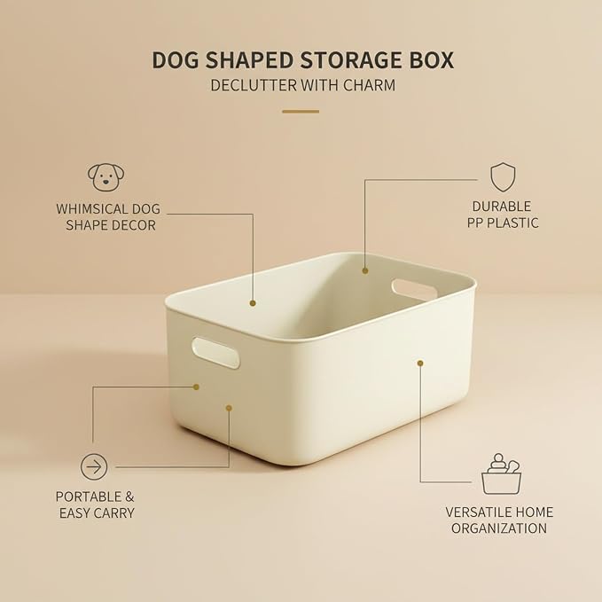 Dog Shaped Storage Bin with Lid and Handle, Decorative PP Plastic Organizer Box for Home, Office, and Craft Supplies
