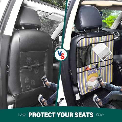 2 Pack Back Seat Car Organizer with Storage Pockets Kick Mats Back Seat Protector Hanging Car Organizer Automotive Seat Back Cover Organizers Stripe Mardi Gras Gnome