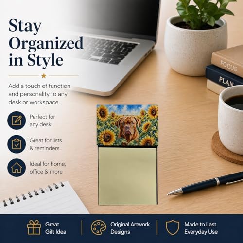 Caroline's Treasures Dogue de Bordeaux in Sunflowers Watercolor Sticky Note Holder Refillable Dispenser Desk Accessory 3x3 Pad Gift