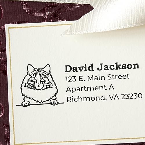 Peeking Norwegian Forest Cat Wood Handle Address Stamp - Clear Imprint | Mailing Stamp for Animal Lovers. Your name and address. Norwegian Forest Cat New Home Address Stamp Made to Order.