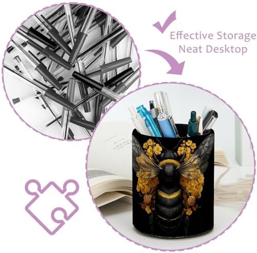 Faux Leather Pen Holder for Desk, Pencil Organizer Bee Pen Cup Desk Decor Makeup Brush Holder Storage for Office Home