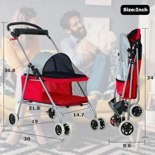 Stress Free Pet Stroller for Medium Small Dogs 4 Wheels Folding Portable Cat Dog with Cup Holders Removable Liner Easy to Carry(B)