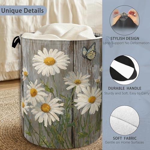 Vintage Daisy Laundry Basket,Wooden Butterfly Oxford Cloth Laundry Hamper with Handle Foldable Portable Clothes Storage Basket for Bathroom Bedroom Dorm Room 16" x 20.8"