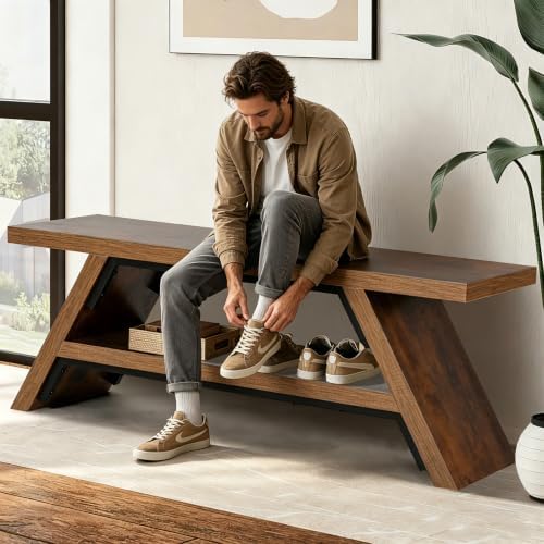2-Tier Shoe Storage Bench, 55" Large Solid Wood Entryway Stool Storage | Shoes Racks for Entryway, Spacious Multi-Purpose Bench for Families, Guest Entryways, and High-Traffic Areas