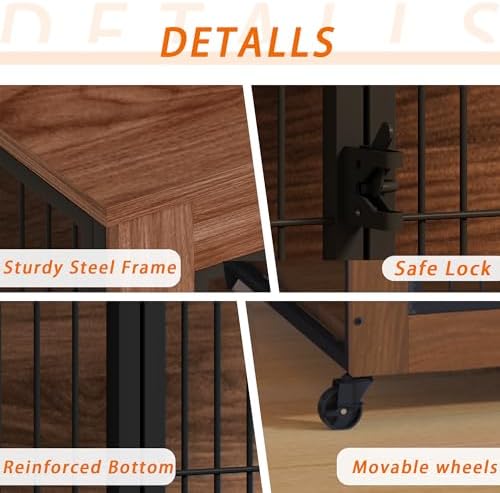 Dog Crate Furniture with Wheels, Wooden Dog Kennel Indoor, Decorative Side End Table for Small Dogs, Easy Installation (32.5'')