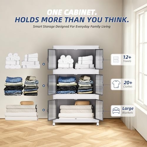 SAILUN 348Qt Stackable Storage Bins,Storage Cabinet with a Lid,3 Pack White