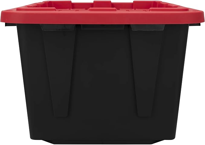 27 Gallon Heavy Duty Storage Bin with Snap Lid, Black and Red | Garage Organizer, Heavy Duty, Snap Lid, Container