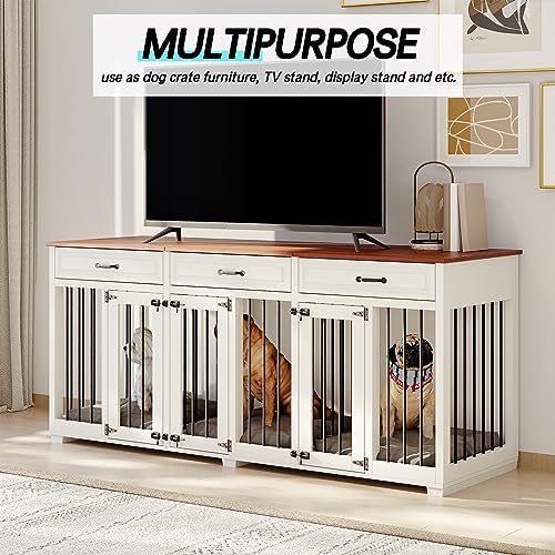Dog Crate Furniture - Indoor Wooden Dog Kennel Furniture with 2 Dividers, 3 Drawers, and 3 Lockable Doors - 72"x23.6"x31.5"H, White