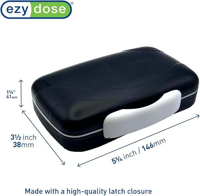 Ezy Dose Moisture-Proof Travel Pill Case, 8 Compartments, Black, Large | Moisture-Proof Pill Case, Medicine Planner, Vitamin Organizer Box, Travel-Friendly, Latch-Closure to Secure Contents