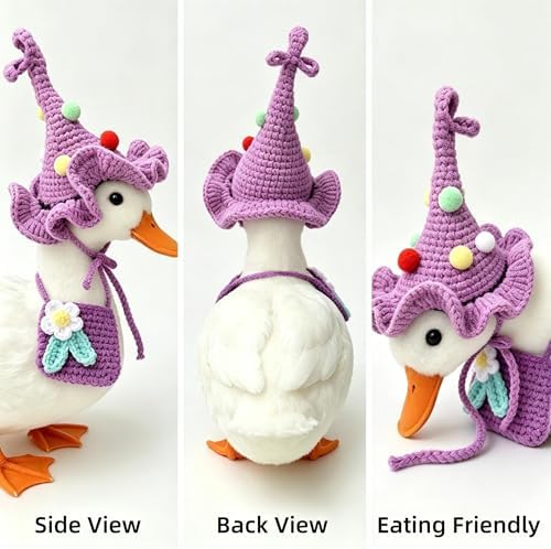Handmade Crochet Hat & Bib Set for Call Duck - Soft Adjustable Knit Outfit with Flower Decoration, Cute Clothes for Pet Duck, Photo Prop & Daily Wear, Purple