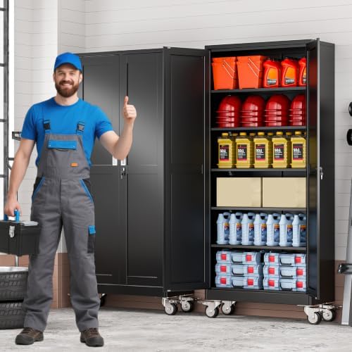 75" Metal Garage Storage Cabinet with Wheels and Locking Doors and Tall Rolling Steel Tool Cabinet with 5 Adjustable Shelves for Garage,Home,Office,Shop (Black, 75''H x 32''W x16''D)