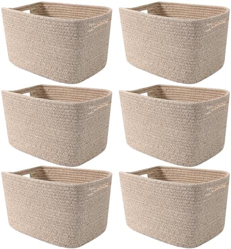6 Pack Woven Rope Baskets, 12.6"×9"×7.8" Storage Bins, Brown | Storage Boxes for Toys, Books, Towels, Clothes, Shelf Baskets Organizer,Empty Gift Baskets for Living Room, Bathroom, Bedroom