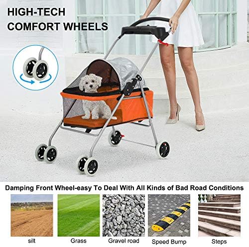 Meet Perfect Pet Stroller for Small/Medium Dogs & Cats, Foldable | Waterproof fabric helps protect pets during outdoor travel; Mesh panels provide ventilation and visibility.