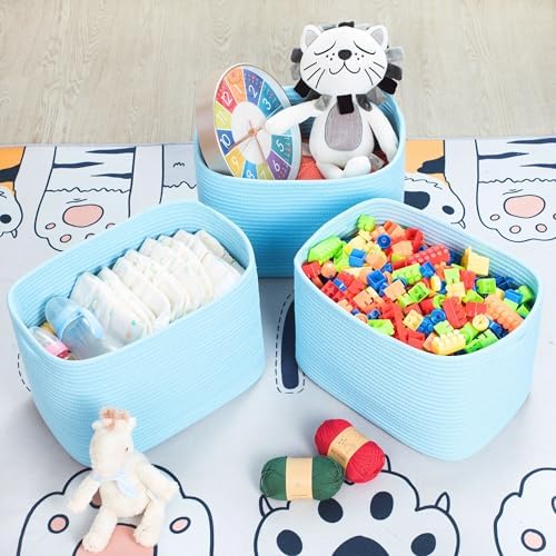MINTWOOD Design 3-Pack Decorative Woven Storage Baskets for Shelves, Cube Bin Box for Organizing Books, Shoes, Dog Toys, Pantry Closet and Living Room Organizer, Sky Blue