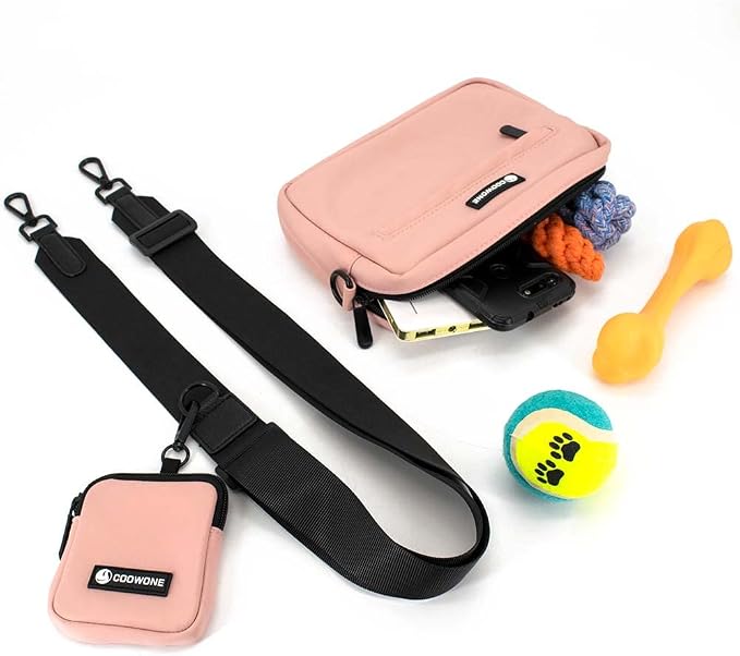 Dog Treat Pouch with Removable Small Pet Training Treat Pouches, Built-in Poop Bag Dispenser, Adjustable Shoulder Strap Cross Body Dog Walking Bag (Pink)