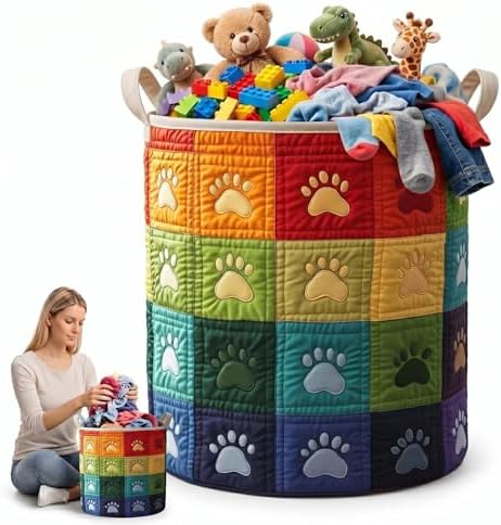 Rainbow Plaid Dog Paw Laundry Basket Fabric Clothes Hamper Collapsible Toy Storage Bin Decorative Laundry Bag with Handles(20" x 28")