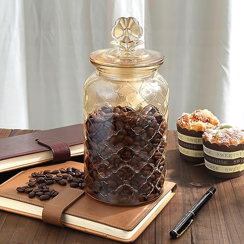 Joeyan 45 oz Amber Glass Storage Jar with Airtight Glass Lids, Vintage Embossed Food Container, Decorative Kitchen Canister Organizer for Candy, Flour, Coffee Bean, Pet Treats