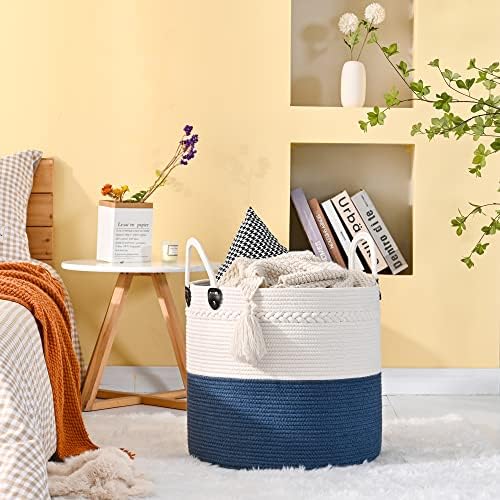 KAKAMAY Large Blanket Basket (18"x18"x16"),Woven Baby Laundry Hamper for Storage, Cotton Rope Blankets Baskets for Nursery, Laundry, Living Room, Pillows, Baby Toy chest with Handles (Navyblue)