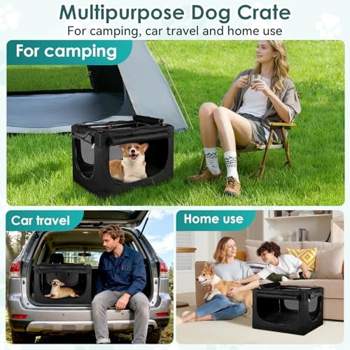 24 Inch Collapsible Soft Dog Crate for Small Dogs, Travel Dog Crate Black | Portable Dog Crate Soft Sided, 4-sided Mesh Vents, Foldable with Storage Bag, Fit Small Dogs & Large Cats, Indoor/Outdoor
