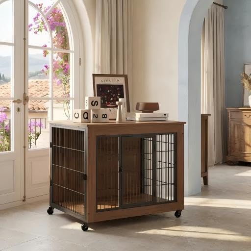 Dog Crate Furniture with Wheels, Wooden Dog Kennel Indoor, Decorative Side End Table for Small Dogs, Easy Installation (32.5'')
