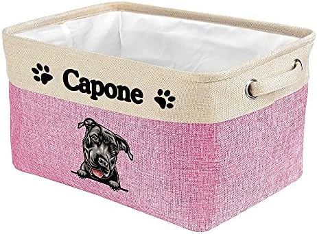 Custom Fabric Dog Toy Storage Basket with Lovely Dog Pit Bull Collapsible Sturdy Fabric Pet Toys Storage Bin Cube with Handles for Organizing, Pink and White