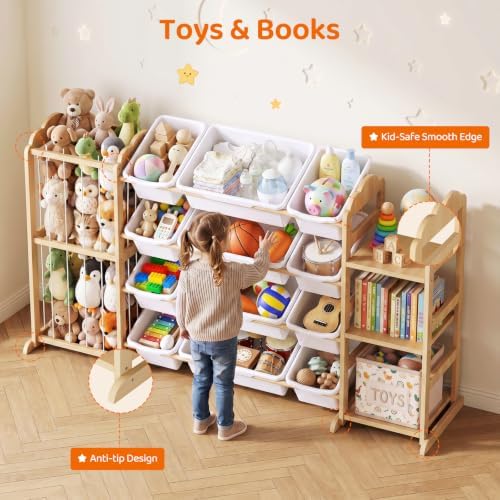 LAMU 3-in-1 Toy Organizer with Bookshelf, Stuffed Animal Storage with 12 Bins and 3 Shelves, Wooden Book Shelf for Playroom Kids Room Nursery Bedroom Living Room Decor, White