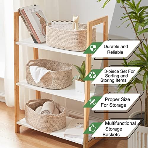 OIAHOMY 3 Pack Storage Baskets for Shelves Cotton Rope Storage Bins Brown | Woven Baskets for Storage Nursery Storage Basket with Handles Baskets for Organizing Small Baskets Gift Baskets Empty