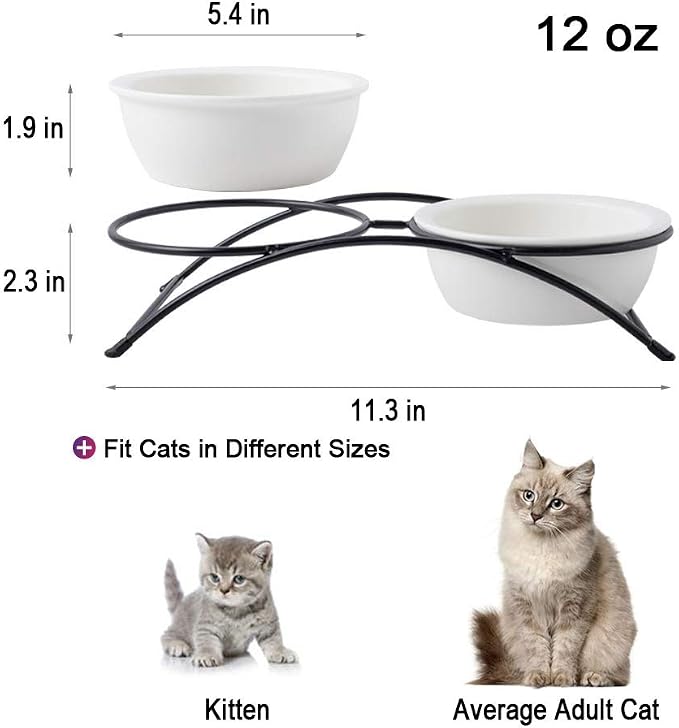 ZONEYILA Elevated Cat Bowls, Dog Bowl, Ceramic Raised Cat Food Water Bowl Set with Metal Stand for Indoor Cats Small Dog, Prevent Neck Pain,12 Ounces, Cute Paw Pattern