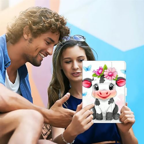 Universal Tablet Case for T-Mobile Revvl Tab 2 10.1" 2025/Revvl Tab 5G 10.36" 2023, 360 Degree Rotating Kickstand Protective Stand PU Leather Shell Cover for 9"-10.5", Flower Cute Cow