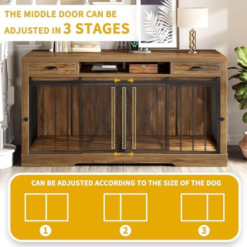 DWVO 63" Double Dog Crate Furniture for 2 Dogs with Charging Station