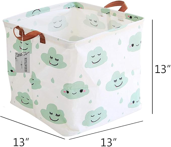 Square Storage Bins Canvas Collapsible Storage Basket with Handles Toy Organizer for Nursery, Kid's Toys, Closet & Laundry, Gift Baskets (Green Cloud)