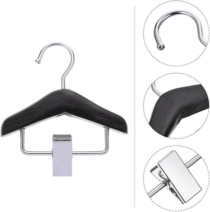2pcs Dog Apparel Hanger Wooden Pants Clip Rack for Pet Clothes | Black and Brown Set, Stainless Steel Clamp Detail, Practical Hanging Organizer for Pet Pants and Apparel
