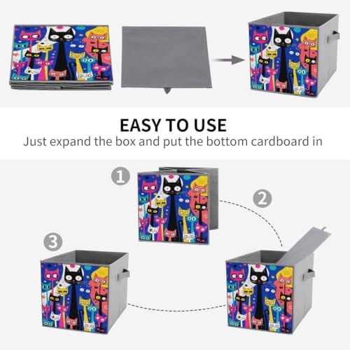 Cats Colorful Storage Bin with Handles, Oxford Fabric Foldable Storage Cube Organizer for Clothes, Towels, Bedroom, Living Room, Home Organization