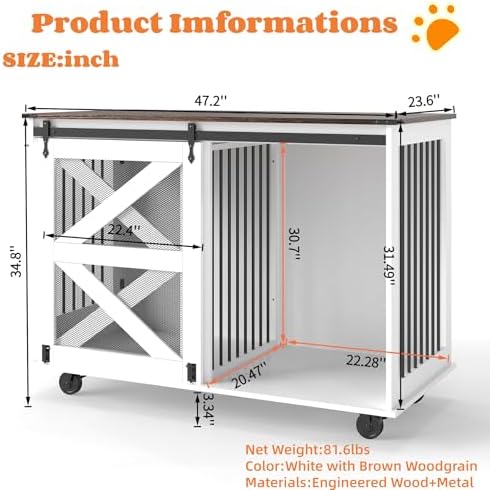 47.2'' Mobile Dog Crate with Flip-Top Feeder & Dual Doors, Multi-Purpose Pet Kennel with 5-Wheel Caster System,Locks & Side Hooks, Brown White, Brown White