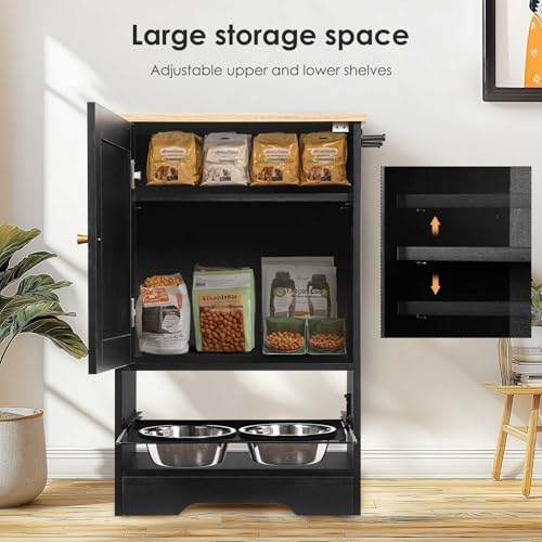 Modern Pet Feeding Station with Storage Cabinet: Elevated Dog Bowls, Hidden Storage, and Side Hooks for Stylish Home Organization, Black