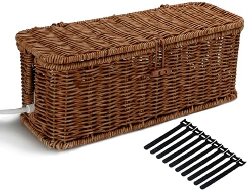 Cable Management Box, Desk Handwoven Rattan Cord Hider Cable Organizer Box With Lid Button Lock, Power Strip Cover Wicker Decorative Basket, Floor Wire Hiding Extension Cord Box (dark brown)