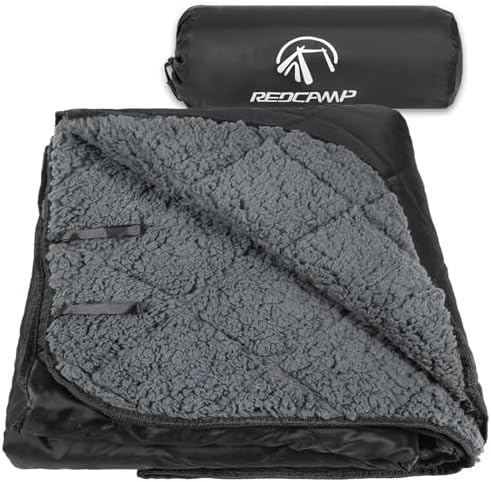 REDCAMP Large Outdoor Blanket 71"x59" Sherpa Fleece Lining, Black | Cold Weather Warm Thick Outdoor Blanket Comfy Foldable & Windproof for Camping Stadium,Car,Picnics,Pet,Trip,Machine Washable