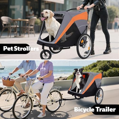 Pet Bike Trailer and Push Cart for Medium Large Dogs – Converts in Seconds, Holds Up to 100 Lbs, All-Terrain Wheels with Quick Release