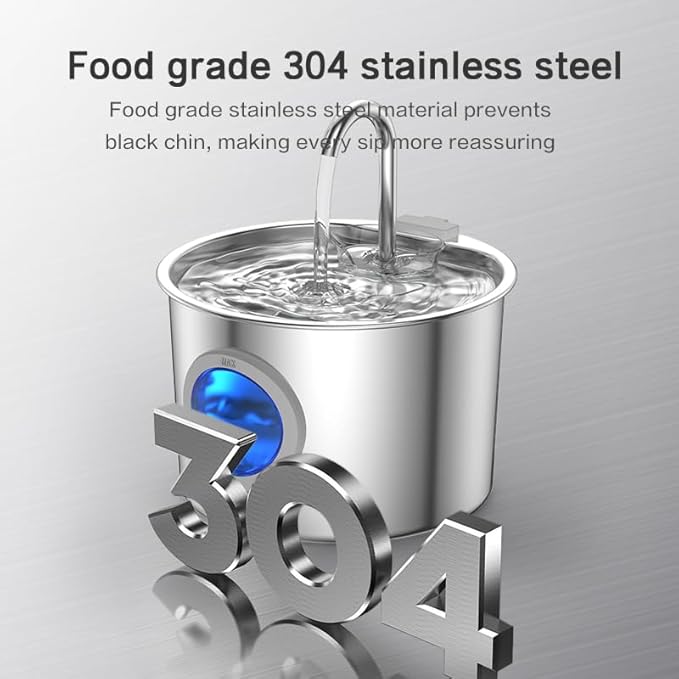 2.2L Stainless Steel Cat Fountain Ultra-Quiet (Under 25dB) & LED Water Level Window, 3-Stage Filtered Flowing Water for Cats, Easy-Clean, Perfect for Indoor Cats, Silver(74oz Cat Fountain + 6 Filters)