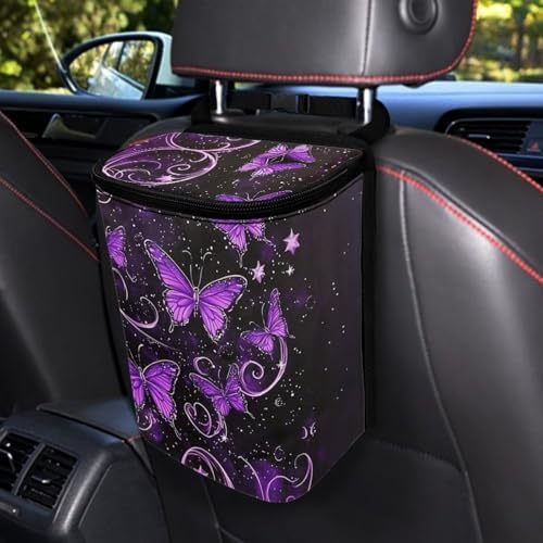 DISNIMO Purple Neon Butterfly Car Trash Can with Lid Collapsible Reusable Car Garage Bag Trash Bin, Automotive Garbage Can,Car Accessories Interior Car Organizer, Black