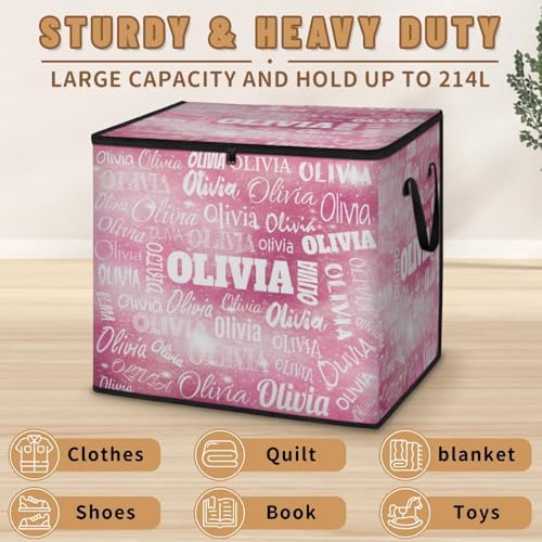 Personalized Name Foldable Storage Basket Cubes with Lid, Laundry Hamper Dirty Clothes Pet Toys Storage Bin with Handles for Shelf Home Closet Kitchen, Watercolor Pink Galaxy with Stars