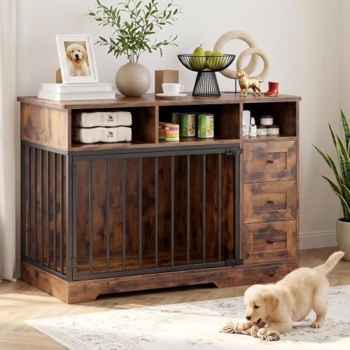 IDEALHOUSE 48'' Dog Crate Furniture with Bowl & Storage Drawers, Farmhouse Heavy Duty Dog Kennel Table for Small Medium Dogs, Indoor Wooden Dog Cage for Living Room, Entryway, Retro Brown