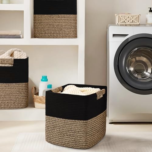 12 Inch Storage Cubes, 3 Pack Cube Storage Bins for Organizing, Cotton Rope Woven Baskets for Shelves, Bathroom, Kids Room, Closets, Baby Nursery
