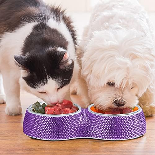 eing Dog Bowls Double Dog Water and Food Bowls Stainless Steel Bowls with Non-Slip Resin Station and Bling Rhinestones, Pet Feeder Bowls for Puppy Medium Dogs Cats Puppy Pets,Purple